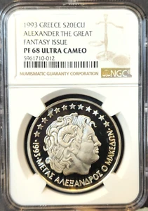 1993 GREECE SILVER 20 ECU ALEXANDER THE GREAT NGC PF 68 ULTRA CAMEO RARE - Picture 1 of 3