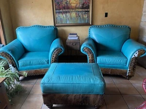 Western Turquoise Leather Armchairs & Ottoman - Picture 1 of 3