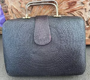 VINTAGE BLACK WOVEN CANE/BAMBOO BAG - SOLID - HINGED - FULLY LINED - Picture 1 of 10