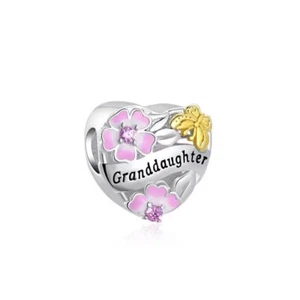 925 Sterling Silver grand daughter Butterfly and flower Heart Charm for bracelet - Picture 1 of 2