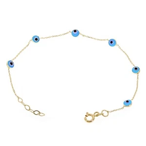 Italian 14k Yellow Gold Enamel Evil Eye Station Bracelet 7.5" 4.3mm 1.1 grams - Picture 1 of 5