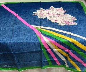 René Vincent Vintage Scarf Blue Green Pink Yellow 100% Silk Floral Stripes - Picture 1 of 9