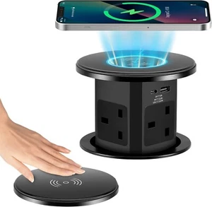 Pop Up Socket with Wireless Charging, Pop up Sockets for Kitchen Worktops, 4 Out - Picture 1 of 9