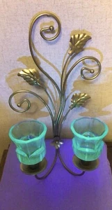 Retro Gold Color Brass  Sconces W/Blue Glass, Lights Up Green Glow! - Picture 1 of 5