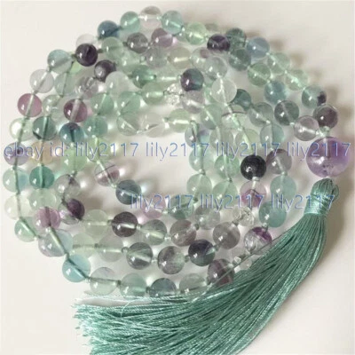 8mm Natural Rainbow Fluorite Gems Tibet Buddhist 108 Prayer Beads Mala Necklace - Image 1 of 3