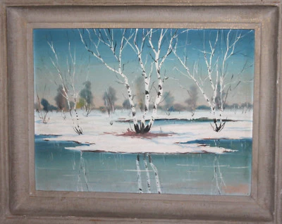 Antigua pintura gouache río paisaje invierno Foto 1 de 4