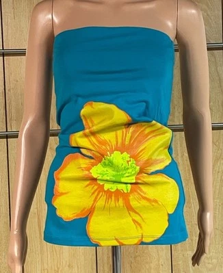 Top tubo mujer Rue 21 azul con flor amarilla grande talla S Foto 1 de 4
