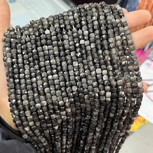 Cubo facetado pequeño natural de 4 mm cuadrado cuentas de obsidiana plateadas para hacer joyas - Imagen 1 de 4