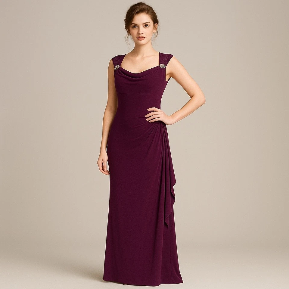 R&M Richards Petite Sz 10P Ruched Bum Long Dress Rhinestone Plum Wine Cocktail  - Image 1 of 4