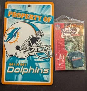 Miami Dolphins NFL Football - 7.25" by 12" Plastic Sign + Free Jersey Keychain - Picture 1 of 2