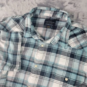 Camicia Lucky Brand Uomo XL Blu Plaid Perla Snap Manica Corta Sabato Elasticizzata - Foto 1 di 7