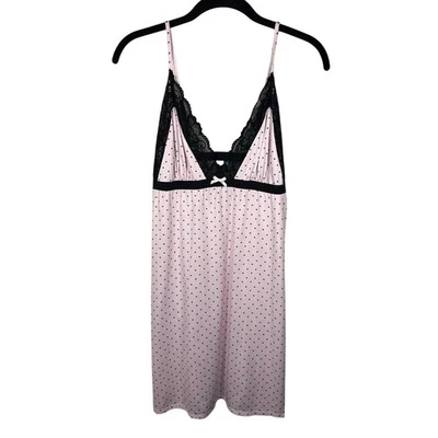 Apt. 9 Pink & Black Heart Polka Dot Lace Night Gown Slip Dress Women's Large - Image 1 of 4
