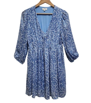 Vestido Umgee Talla S Azul Cachemira Metálico Cuello en V Fruncido 3/4 Slv Mini Babydoll Boho Foto 1 de 4