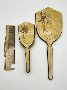 Vintage Dupont USA gelb und schwarz Waschtisch Kommode Set Spiegel Bürste Kamm floral - Bild 1 von 17