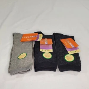 Lot of 3 Pair Ladies Gold Toe Eco-fx Socks Size 9-11 Shoe Sz 6-9 Black Grey New - Picture 1 of 7
