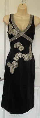 Papell Boutique Evening Black Satin Sheath Lace Details Dress- Sz 8~ Beautiful~ - Image 1 of 4