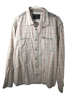 Camisa Marc Ecko Para Hombre XL Blanca Marrón Gris Cuadros Utilidad Bolsillo Manga Larga Botón Foto 1 de 4