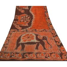 Sanskriti Vintage Orange Sarees Pure Silk Batik Work Craft 5Yd Decor Fabric Sari