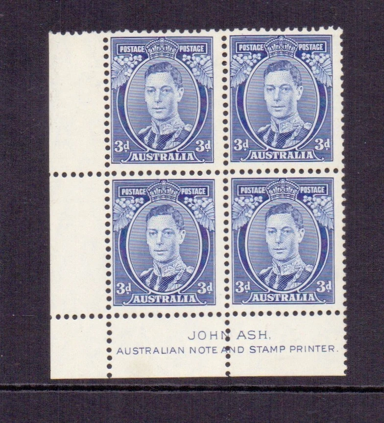 AUSTRALIA 1938 3d BLUE DIE II SG168c ASH IMPRINT BLOCK OF 4 MH/MNH CAT £260 - Image 1 of 2