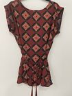 Ann Taylor Blouse Red/Blue Short Sleeve Tie Waist Tunic Top Size Small