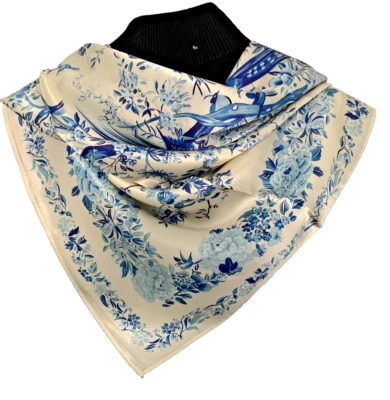 Bufanda 35"x35" azul estampado de pájaros y flores pura morera satinada seda 14momme88x88cm4-66 Foto 1 de 4