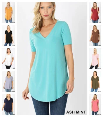 Camiseta de mujer manga corta cuello en V informal túnica básica top blusa larga suelta S-3X Foto 1 de 4
