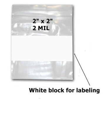 2" x 2" White Block Resealable Clear Poly Bags Reclosable Zipper Lock Bags 2 mil - Image 1 of 2