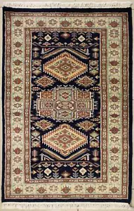 Rugstc 2.5x4 Caucasian Design Blue  Rug, Hand-Knotted,Geometric with Silk/Wool - Picture 1 of 5