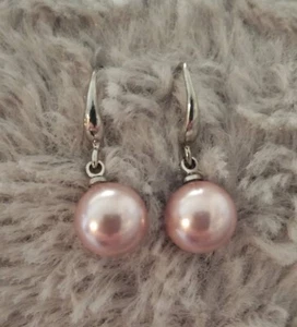 Estate Vintage Sterling Silver Pastel Purple 10mm Natural Pearl Drop Earrings - Picture 1 of 7