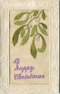 WWI, HAPPY CHRISTMAS, MISTLETOE - Embroidered Silk Greetings Postcard - Picture 1 of 2