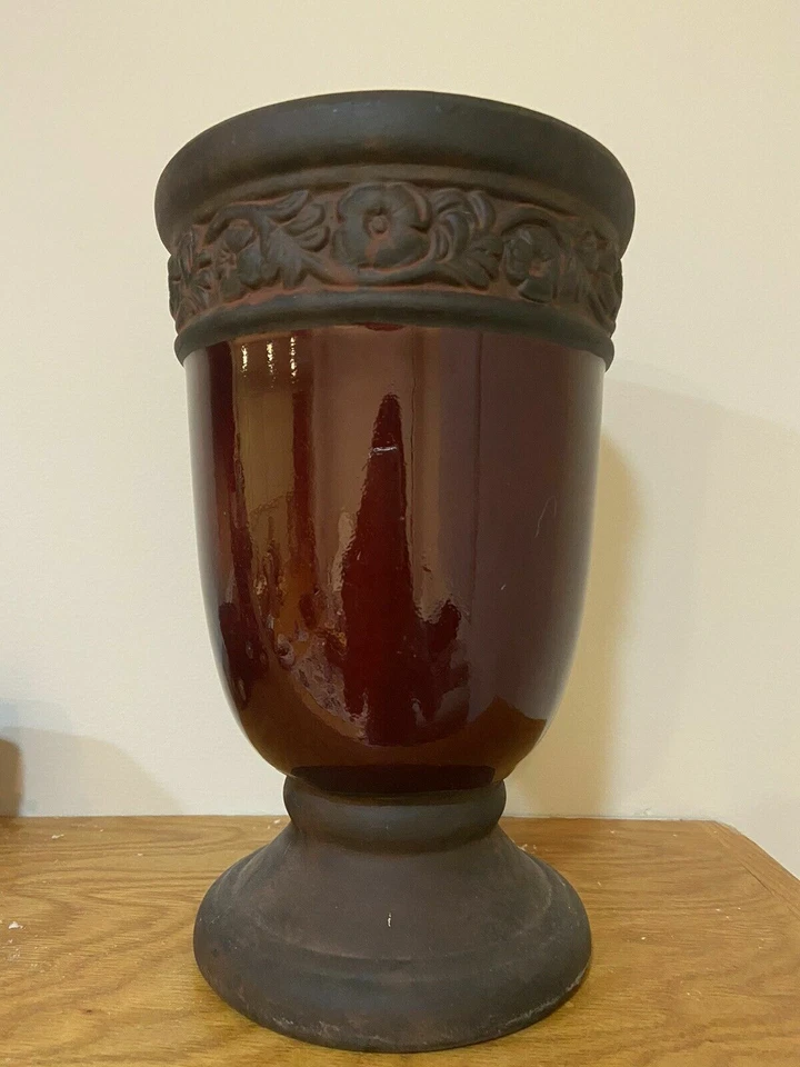 Large Hibiscus Burgundy And Brown Ceramic Floor Vase or Planter  - Image 1 of 1