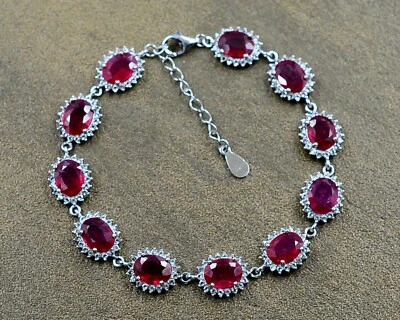 Natural Genuine Ruby Cut Gem 925 Sterling Silver July Birthstone Chain Bracelet - Image 1 of 4
