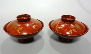 k#07 Set of 2 Japanese TAISHO Lacquerware Soup Bowl OWAN w/ MAKIE Flowers - Picture 1 of 6