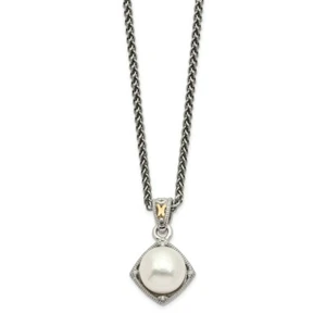14k/Silver Two-Tone Sterling Silver 14k FW Cultured Pearl & Diamond Necklace 2mm - Picture 1 of 2