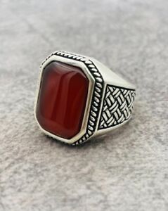 Men Natural Red Aqeeq 925 Sterling Silver Ring Turkish Handmade Gift For Father