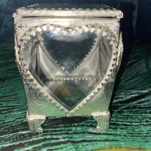 Vintage Glass Heart Shaped Box with Etched Metal Beveled Edges Silver Tone - Picture 1 of 12