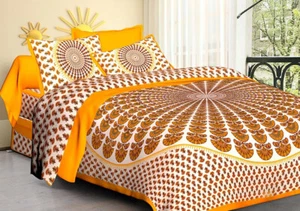 Indian Traditional Pure Cotton Printed Double Bedsheet With 2 Pillow Covers - Picture 1 of 1