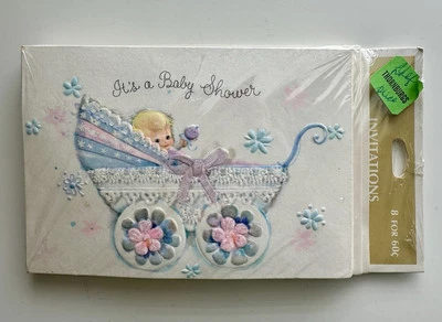 70s Lace & Floral Vintage Hallmark Baby Shower Invitation Cards Blonde Boy Girl - Image 1 of 4