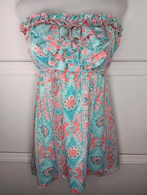 Mini Vestido Judith March Sin Tirantes Medio Verde Azulado Estampado Coral Volantes Forrado Frontal Usado en Excelente Condición Foto 1 de 4