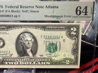 1976 $2 FRN FEDERAL RESERVE NOTE “MISALIGNED OVERPRINT ERROR”  ~ PMG 64 EPQ - Image 1 of 4