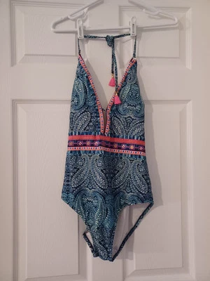 TRAJE DE BAÑO NANETTE LEPORE de una pieza INDIGO PAISLEY DIDDESS correa halter talla S Foto 1 de 4