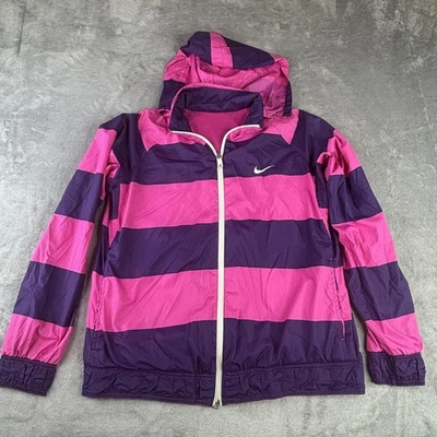 Nike Windbreaker Jacket Womens L Pink Purple Stripe Hooded Reversible Mesh - Image 1 of 4