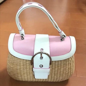 Coach Straw Tote Bag Tan Leather Trim Magnetic Summer Handbag Pink MBb0447 - Picture 1 of 4