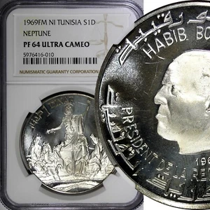 Tunisia Silver PROOF 1969 FM NI 1 Dinar Neptune NGC PF64 ULTRA CAMEO KM# 298(0)  - Picture 1 of 4