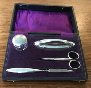 Cased Birmingham Hallmarked Silver 4 Piece Art Deco Manicure Dressing Table Set - Picture 1 of 5