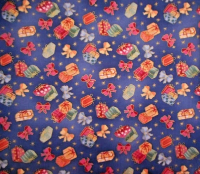 Christmas Fabric By Half-Yard Gifts Bow Metallic Gold Blue Premium Cotton Vtg 15 - Image 1 of 2