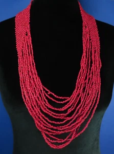 Multi-Strand Red Seed Bead Southwestern Statement Necklace 34" - Picture 1 of 7