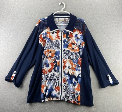 Chaqueta Alfred Dunner 24W Azul Marino Floral Cremallera Manga 3/4 Pestaña Enrollable Algodón Spandex Foto 1 de 4