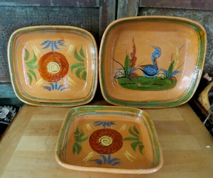 Old REDWARE Folk Art Pottery Square Dinner Serving Plates Flowers & Bird Set 3 - Picture 1 of 6