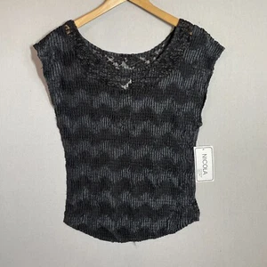 Y2K Top Women XL Black Pleated Boat Neck Tank Lace Trim Scrunch Blouse NEW - Picture 1 of 7